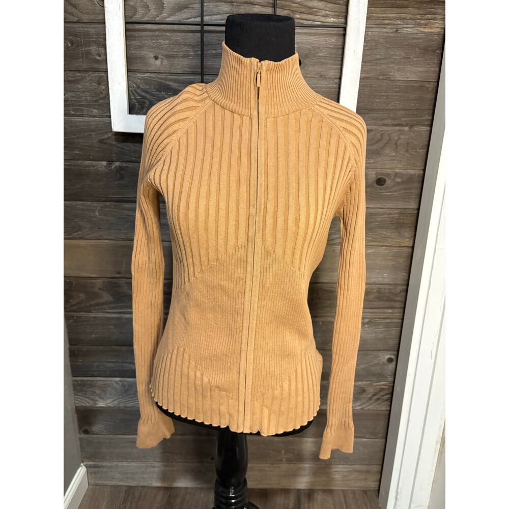 CAbi Tan Ribbed Zip-Up Cardigan